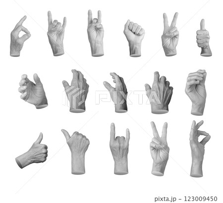 Set of elderly female hands making various gestures, including thumbs up, peace sign, OK symbol, Set of elderly female hands making various gestures, including thumbs up, peace sign, OK symbol, 123009450