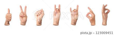 Set of elderly female hands showing various gestures, including thumbs up, peace sign, victory, and Set of elderly female hands showing various gestures, including thumbs up, peace sign, victory, and 123009451