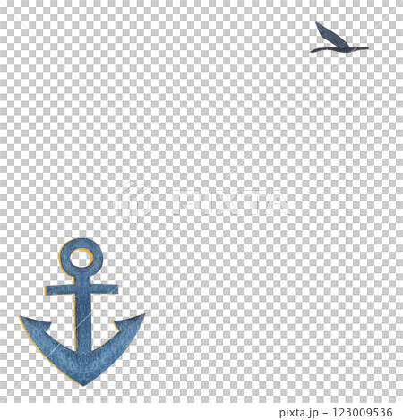 Blue anchor and flying bird watercolor frame isolated on white. Hand painted art perfect for cards, posters, packaging, tickets, stationary, tourism, travel and voyage design. Monochromatic clip art Blue anchor and flying bird watercolor frame isolated on white. Hand painted art perfect for cards, posters, packaging, tickets, stationary, tourism, travel and voyage design. Monochromatic clip art 123009536