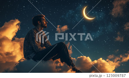 A man is sitting on a cloud, gazing up at the moon. The scene is calm and tranquil, with the man seemingly lost in thought. The clouds above him are fluffy and white, creating a dreamy atmosphere 123009787