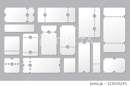 Empty tickets template. Set blank concert ticket, lottery coupons. Event coupon or cinema movie theater cards. Festival or circus paper empty flyers. Vector isolated illustration 123010243