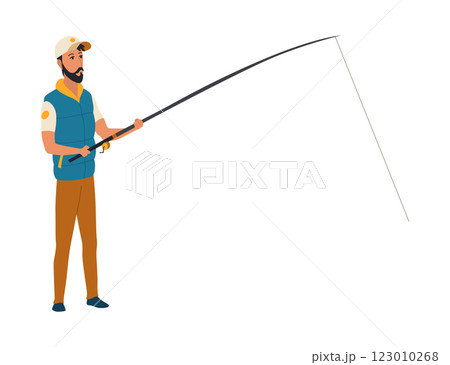 Cartoon men fishing. Male fishermen character with fishing rods on lake, summer catching process, men hobby recreation, leisure time, vector 123010268