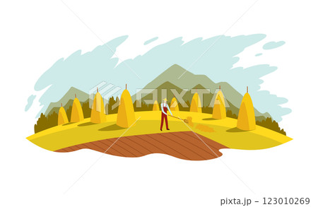 Farm landscape. Agriculture field, rural nature scene. Ruralfield panorama with harvesting hay for the winter 123010269