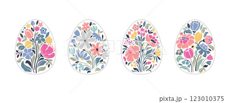 Vector set of Easter eggs with floral patterns in beautiful pastel colors. 123010375