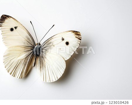 A delicate white butterfly with subtle black markings resting on a clean minimalist background 123010426