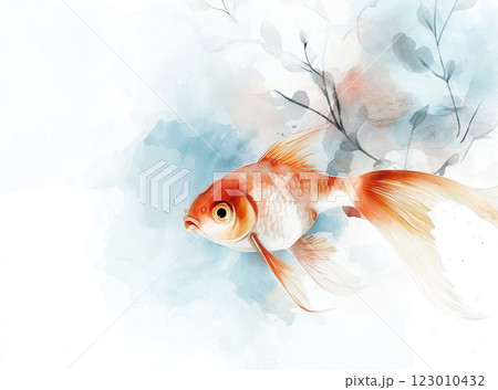 A delicate watercolor painting of a graceful goldfish swimming against a soft, minimalist background 123010432