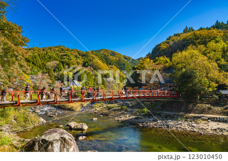 豊田市の香嵐渓の秋の紅葉に映える香嵐橋の風景(愛知県) 豊田市の香嵐渓の秋の紅葉に映える香嵐橋の風景(愛知県) 123010450