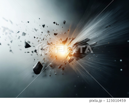 A futuristic spaceship breaking apart in a high-speed explosion, with glowing fire 123010459