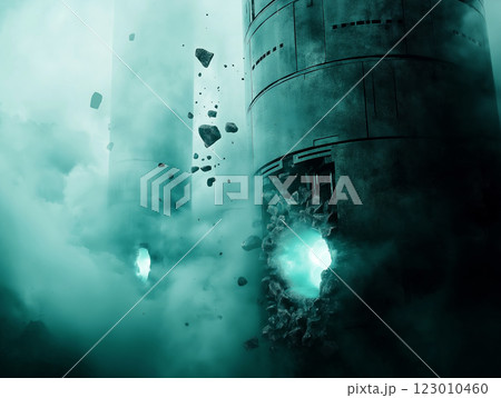 Futuristic industrial towers with glowing energy bursts breaking through their structures 123010460