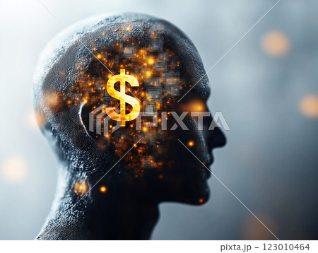 A futuristic human head with a glowing dollar sign inside, symbolizing financial intelligence A futuristic human head with a glowing dollar sign inside, symbolizing financial intelligence 123010464