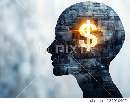 A conceptual silhouette of a human head with a glowing dollar sign inside, representing financial intelligence 123010465