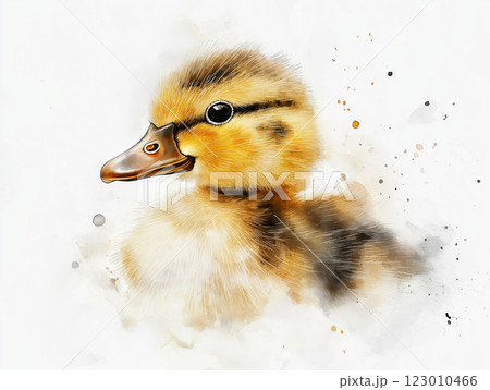 A soft watercolor painting of a fluffy duckling with delicate brush strokes and gentle color splashes 123010466