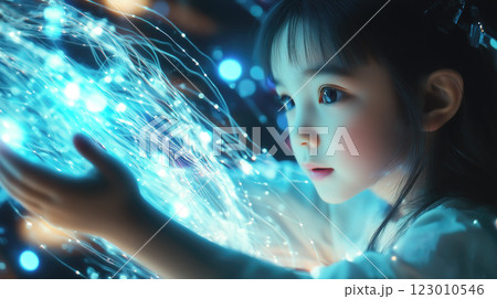 A kid girl interacts with a neural network display. The concept of early learning, future technology, and the curiosity-driven exploration of AI. Generative AI 123010546