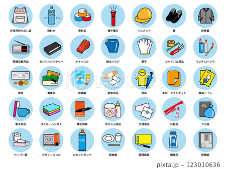 非常用持ち出し袋の中身一覧アイコンセット（防災グッズ・ピクトグラム・ベクター素材） 123010636