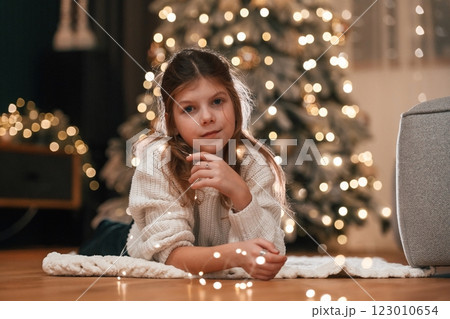 Portrait of little girl that is at home celebrating new year 123010654