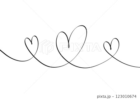 One continuous line three heart drawing. Abstract romantic love symbol for valentines day greeting card, doodle linear fine line hearts sketch. Vector illustration 123010674