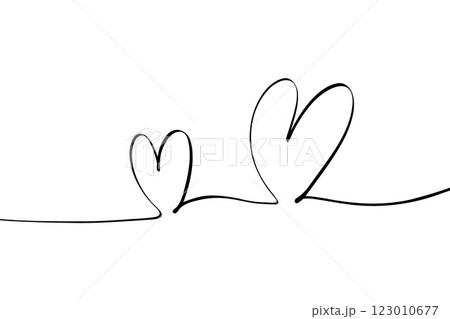 One continuous line two heart drawing. Abstract romantic love symbol for valentines day greeting card, doodle linear fine line hearts sketch. Vector illustration 123010677