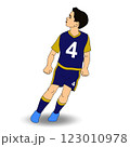 A young soccer player in a blue and yellow uniform with the number 4 stands in a dynamic pose.  A young soccer player in a blue and yellow uniform with the number 4 stands in a dynamic pose.  123010978
