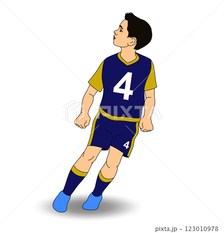 A young soccer player in a blue and yellow uniform with the number 4 stands in a dynamic pose.  123010978