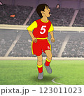 A soccer player wearing a red and yellow uniform with the number 5 is depicted energetically running on a field. A soccer player wearing a red and yellow uniform with the number 5 is depicted energetically running on a field. 123011023