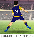 A soccer player wearing a navy and yellow uniform with the number 8 is captured mid-action on the field.  A soccer player wearing a navy and yellow uniform with the number 8 is captured mid-action on the field.  123011024