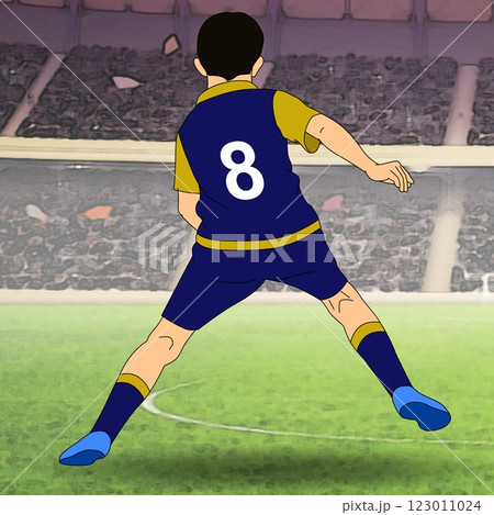 A soccer player wearing a navy and yellow uniform with the number 8 is captured mid-action on the field. A soccer player wearing a navy and yellow uniform with the number 8 is captured mid-action on the field. 123011024