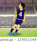 A young soccer player in a blue and yellow uniform with the number 4 is depicted on a field, looking up.  A young soccer player in a blue and yellow uniform with the number 4 is depicted on a field, looking up.  123011149