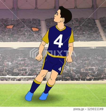 A young soccer player in a blue and yellow uniform with the number 4 is depicted on a field, looking up.  A young soccer player in a blue and yellow uniform with the number 4 is depicted on a field, looking up.  123011149