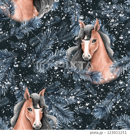 Hand-drawn seamless pattern with horse and fir tree branches and snow. Hand-drawn seamless pattern with horse and fir tree branches and snow. 123011251