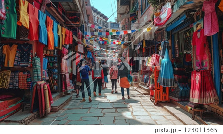 Nepalese cityscape view. Colorful street market Nepalese cityscape view. Colorful street market 123011365