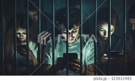 Social media addiction portrayed as people trapped in smartphone screen 123011485