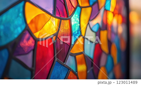 Abstract stained glass pattern in vibrant colors 123011489