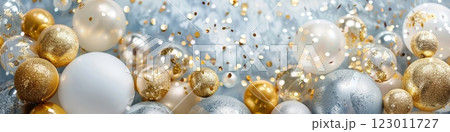 A festive shop banner with gold and silver balls 123011727