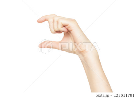 Female hand isolated at white background making size measuring gesture. 123011791