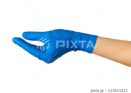 Closeup mockup of female hand in medical protective gloves isolated at white background. Holding gesture. 123011821