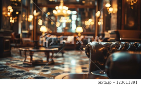 A vintage hotel lounge with plush armchairs 123011891