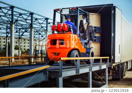 Forklift is putting cargo from warehouse to truck outdoors Forklift is putting cargo from warehouse to truck outdoors 123011916