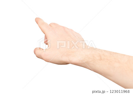 Closeup image of male hand making pointing gesture isolated at white background. 123011968