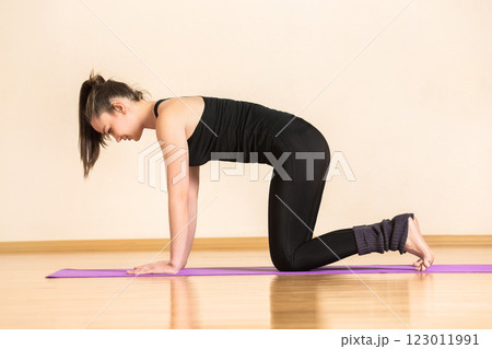 Young woman is practising pilates at gym. Young woman is practising pilates at gym. 123011991