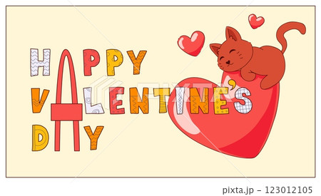 Happy Valentine's Day. Cute animals with red heart. Romantic holiday. Cat hugging love symbol. Amour and romance. Kawaii kitties embrace. Cartoon pets feeling. Vector greeting card Happy Valentine's Day. Cute animals with red heart. Romantic holiday. Cat hugging love symbol. Amour and romance. Kawaii kitties embrace. Cartoon pets feeling. Vector greeting card 123012105