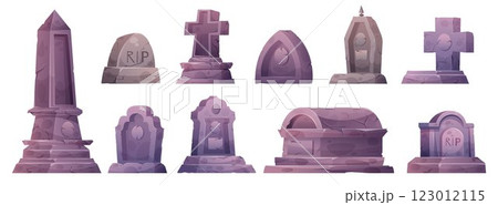 Gravestone. Tombstone, cross and skull on grave. Graveyard stone texture, Celtic texture headstone granite, mausoleum, monuments for funeral. Vector halloween icon isolated set 123012115