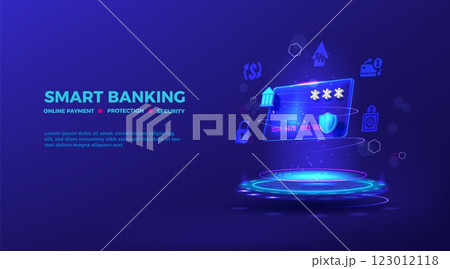 Credit card. Bank payment. Virtual 3d hologram. Future data tech. Online shop secure. Money protect. Financial transfer. Banking technology. Electronic paying. Vector isometric background 123012118