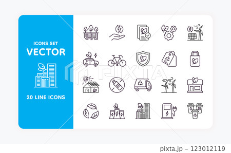 Eco icons. Green bio technology. Renewable energy. Water consumption. Ecology solution. Garbage reduce. Planet save. Reuse and plastic recycle. Ecological bag. Vector line symbols set Eco icons. Green bio technology. Renewable energy. Water consumption. Ecology solution. Garbage reduce. Planet save. Reuse and plastic recycle. Ecological bag. Vector line symbols set 123012119