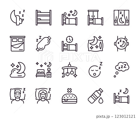Insomnia icons. Sleep line pictogram. Night nap. Bed with pillow and blanket. Outline slumber sign. Sleeping pill. Comfortable bedroom. Sky stars and moon. Vector bedtime symbols set 123012121