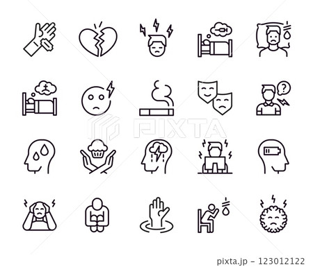 Anxiety icons. Mental health. Depress pictograms. Bad lonely and disorder. Brain issue. Mind problem. Insomnia and headache. Broken heart. Cigarette smoking. Vector line symbols set Anxiety icons. Mental health. Depress pictograms. Bad lonely and disorder. Brain issue. Mind problem. Insomnia and headache. Broken heart. Cigarette smoking. Vector line symbols set 123012122