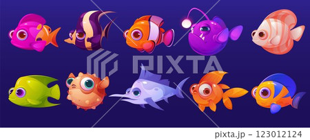 Sea fish. 3d cartoon animal character, underwater cute ocean creature. Under marine, fun aquarium life, animal goldfish, coral reef fauna. Render isolated vector bright funny decorative set 123012124