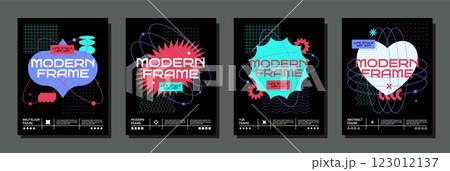 Y2k graphics. Abstract 3d figure, brutal poster collage black background or simple pixel label logo, groovy frame. Minimal contemporary poster. Vertical flyer. Frame for text. Vector design 123012137