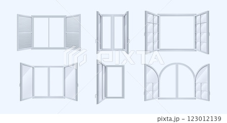 Open window. Shutter frame. White house door or sash blind home. Mansion windowsill. 3D closed double glass casements. Facade decoration. Architecture construction. Vector windowpanes set 123012139