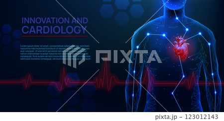 Heart beat banner. Human body health. 3D heartbeat hologram. Cardiology attack. Medicine innovation technology. Anatomy organ. Healthy pulse. Polygonal shapes. Vector medical background 123012143