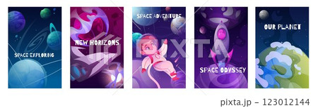 Space background. Astronaut on planet, universe with future cartoon rocket and planetary child character. Vertical childish posters, futuristic banners design. Vector isolated illustration 123012144